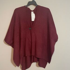 Women's Burgundy Ribbed Button Shawl Sweater OS BNWT